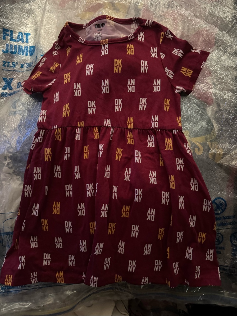 DKNY Girls' Burgundy Logo Tee Dress with Gold & White Print